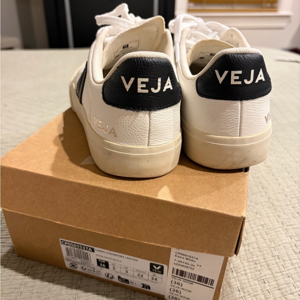 Veja Leather Sneakers in White with Black V Heel Tab - Picture 2 of 5